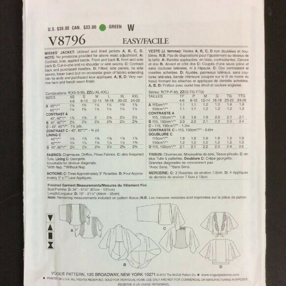 Vogue Sewing Pattern V8796 Misses Jacket XS-S-M Elizabeth Gillett NY Easy/Fast - Picture 2 of 3